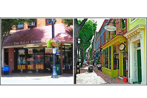 A side by side image of downtown establishments in Galax, Virginia (the Galax Smokehouse) and Alexandria, Virginia (The Vermillion Restaurant)